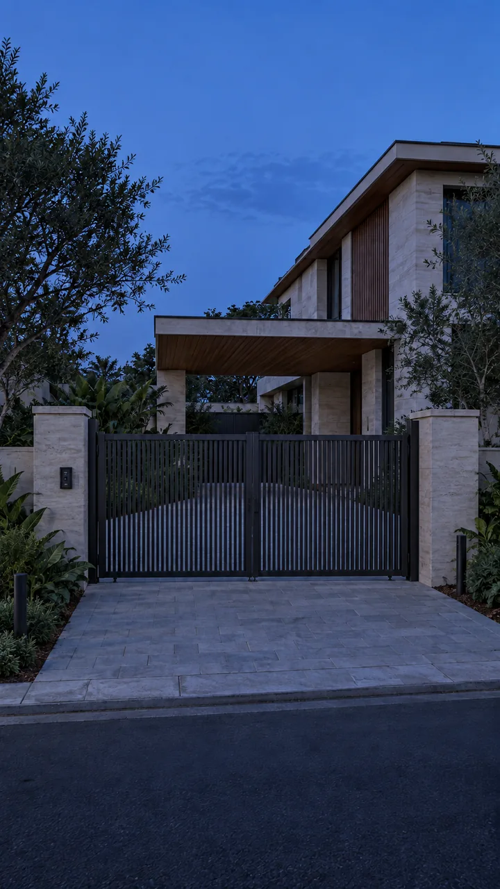 Contemporary villa at dusk with closed driveway gate and exterior lights off.