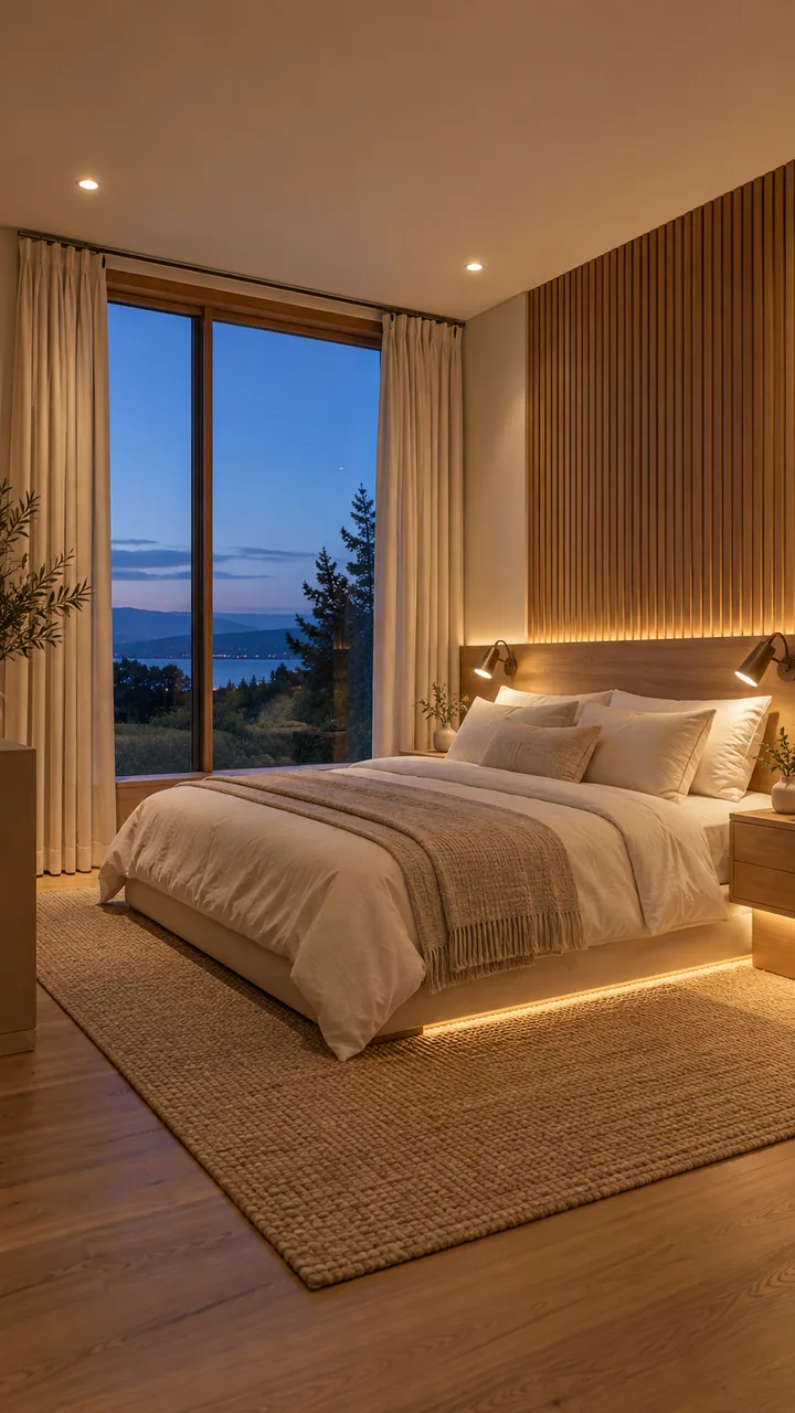 Timber and linen bedroom at dusk, curtains open and overhead and reading lights on.