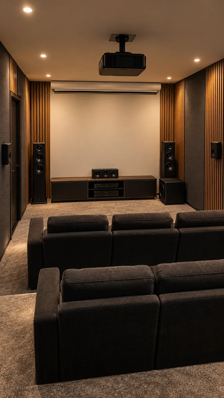 Dedicated cinema with retracted screen, installed speakers and subwoofer, projector and receiver off, and normal lights on.